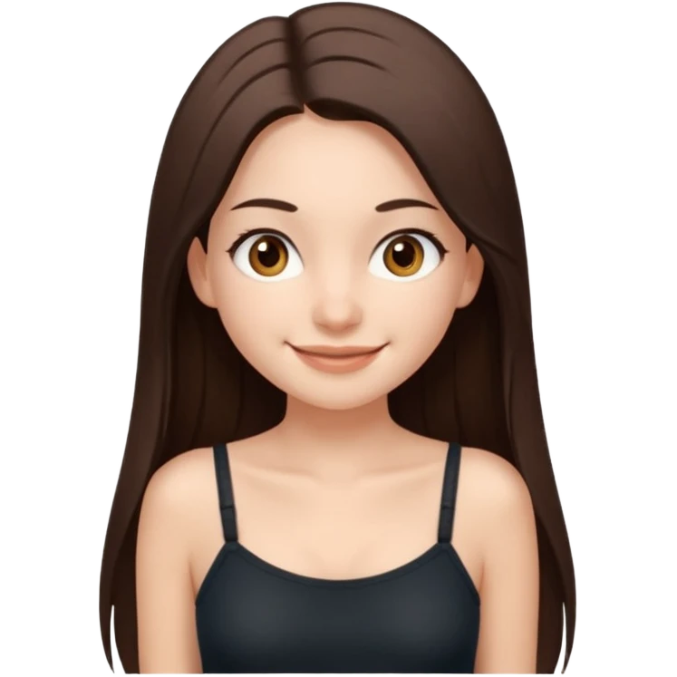 Waist-up girl standing straight on white background. Wearing a dark brown Skims spaghetti strap top. Very long straight brown hair with a center part. Brown eyes with long lashes. Smiling with braces. emoji