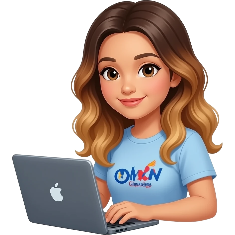 Filipino girl with wavy hair brown balayage using laptop emoji
