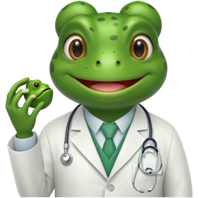 A frog in a doctor’s coat, happily examining a patient, portrait emoji