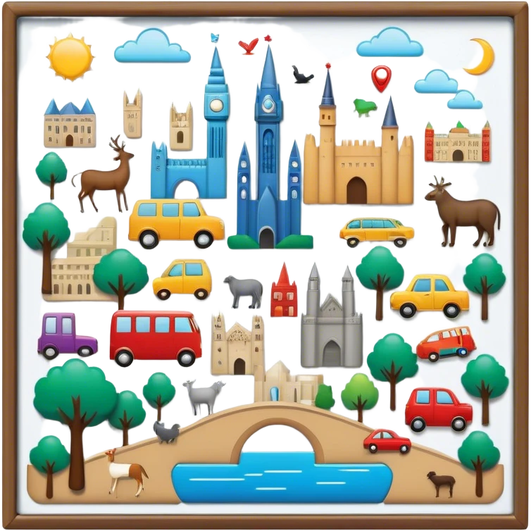 Icon for Magnet Collecting: a magnetic board on a wall displaying a collection of various magnets from different places, featuring cities, animals, and symbols. The icon should evoke the joy and uniqueness of a diverse magnet collection. Transparent background. emoji