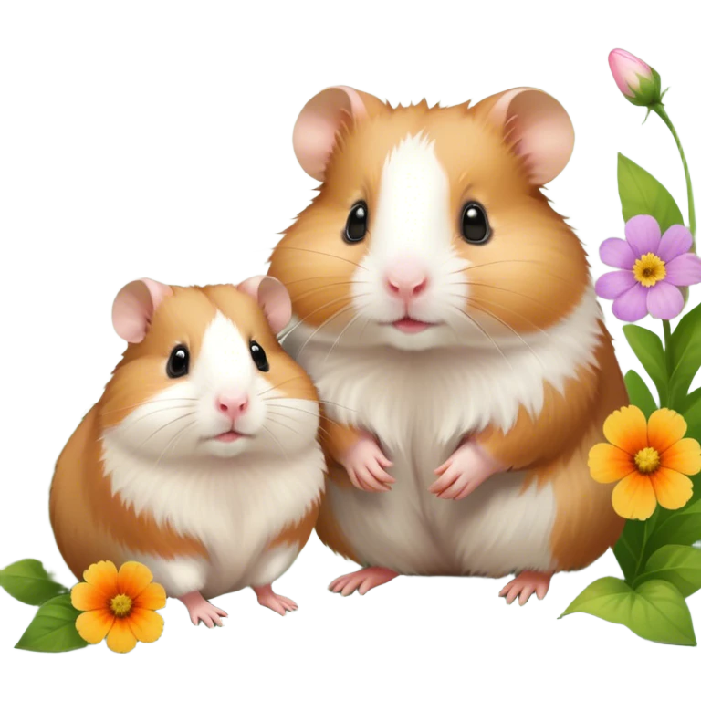 Icon for Hamster and Guinea Pig: A portrait-style collage with a fluffy hamster with soft fur, looking curious, and a friendly guinea pig with long, smooth fur, both on a soft green background with flowers and soft light. Transparent background. emoji
