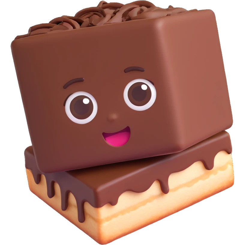 Rectangular chocolate mini pastry, slightly tilted, squished chocolate, crazy wide eyes, open mouth, text above: "ПАСТИЧКА", chibi style, Twitch emoji style, transparent background, colorful emoji