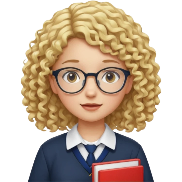 girl student , curly blone hair, half body to belt, glasses emoji