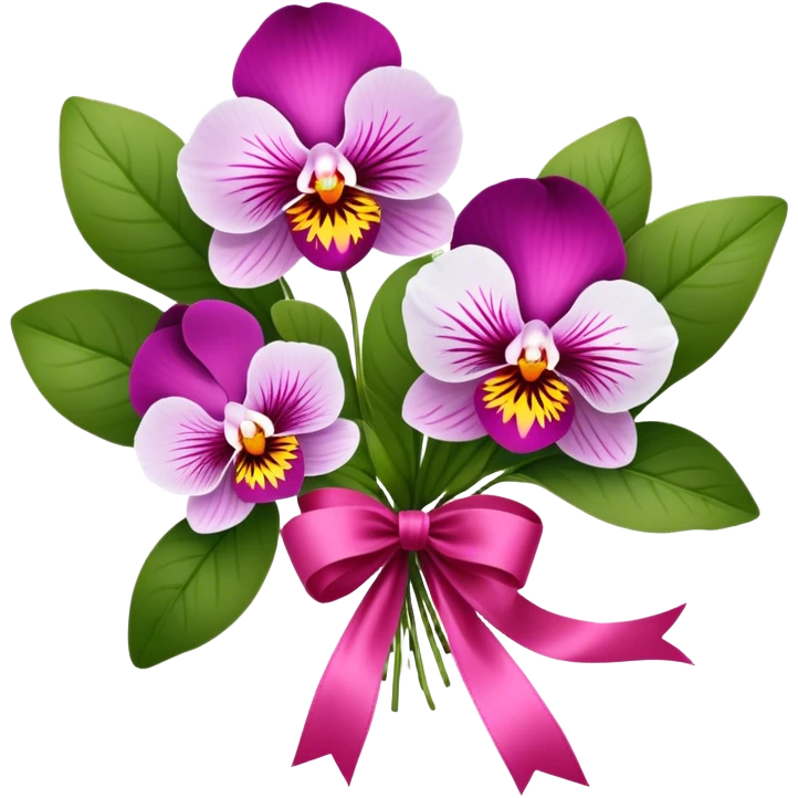 A bouquet of Orchid Pink pansies tied with a flowing Wild Strawberry ribbon. The vivid contrast of soft petals and bold silk creates a charming, romantic scene." emoji