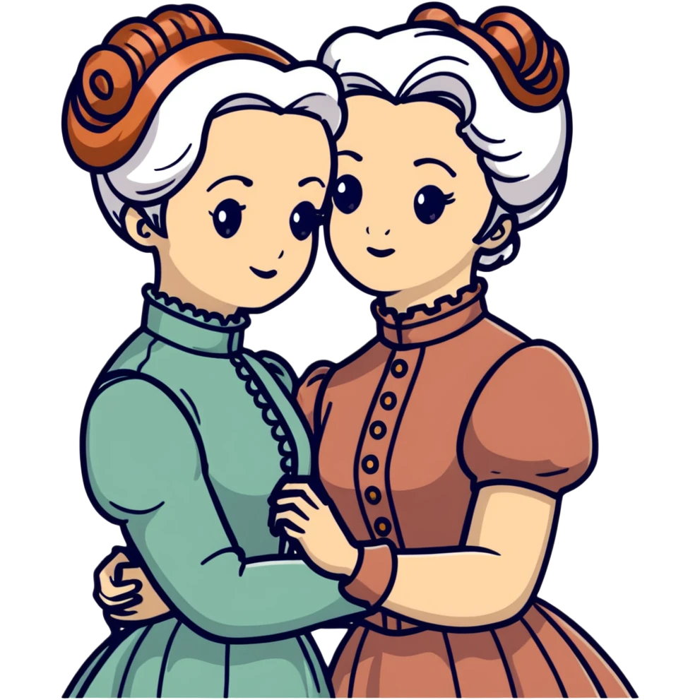 Two Victorian women embracing, one with white coiffed hair and one with copper coiffed hair, both with light eyes, wearing Victorian high-neck dresses emoji