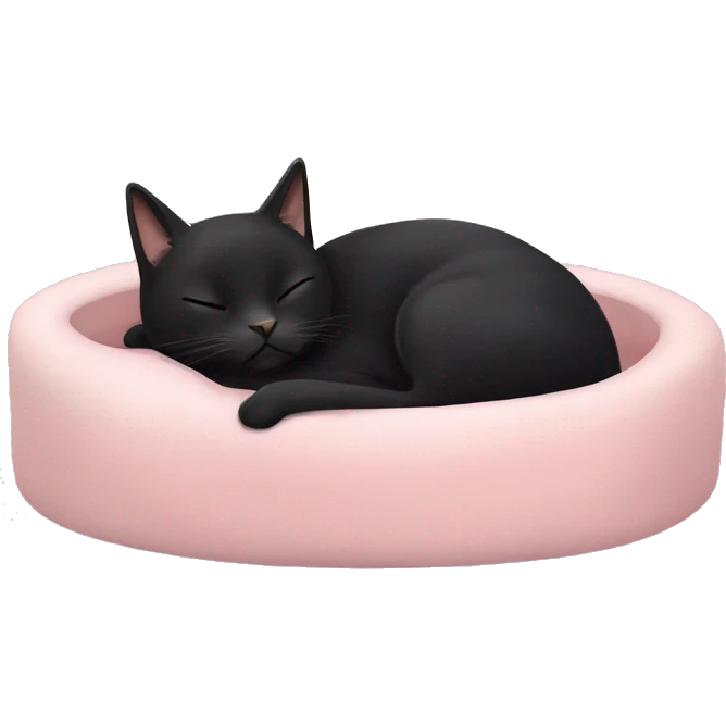 black cat sleeping in pale pink cat bed emoji