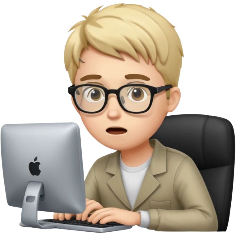 young programmer working at the computer, shocked emoji