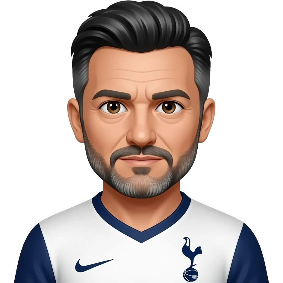 White man in his 50’s. Black and white hair parted in the middle and feathered back. Hair is relatively short. Thin black and grey mustache and beard. More grey than black. Brown eyes. Wearing a Tottenham home jersey. Eyes are smaller, eyebrows are thicker emoji