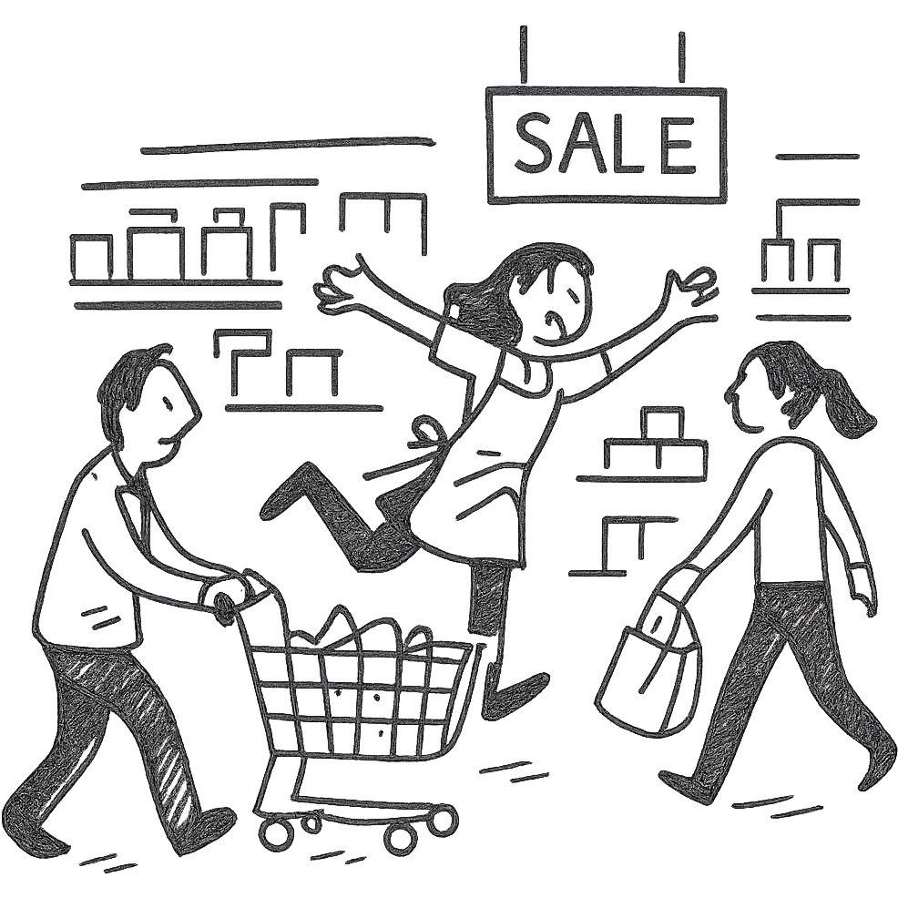supermarket scene, shoppers in motion with the salesgirl being carried away emoji