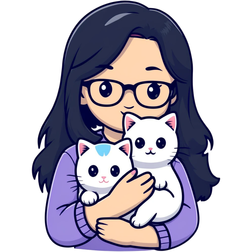 Girl with long black hair and glasses holding a white kitten emoji