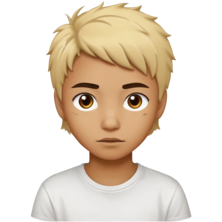 caramel skin color. Teen age. Short buzz, messy blonde hair, dark brown bushy eyebrows large expressive golden-brown eyes, brown skin color, scar over nose, wearing a plain white t-shirt. emoji
