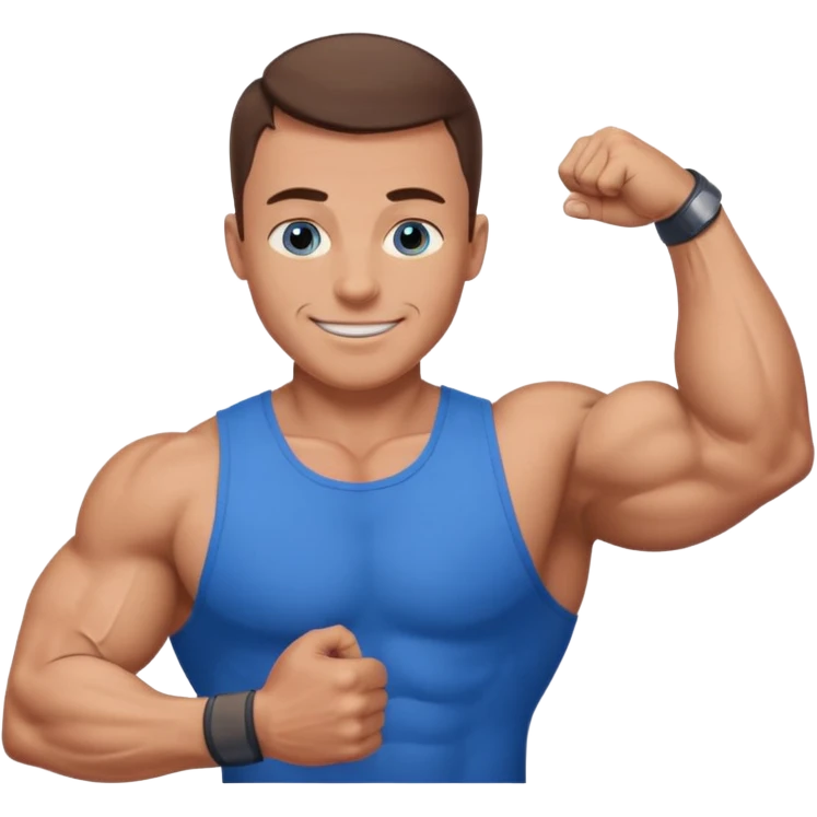 dad with very short shaved brown hair and blue eyes emoji with big muscles emoji