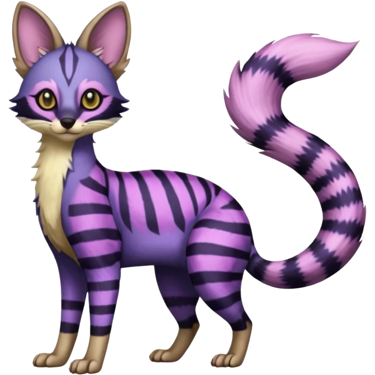 Indigo, purple, violet, pink, Civet-Genet-Possum-Serval-Caracal-Sergal-Trico-Numbat-Furret-fusion-Fakemon-hybrid-creature (full body) with long tufted ears and a striped tufted tail  emoji