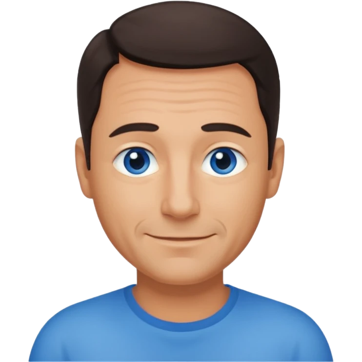 Middle aged man with tanned skin, receding dark hair and no beard, blue eyes, shy smile emoji