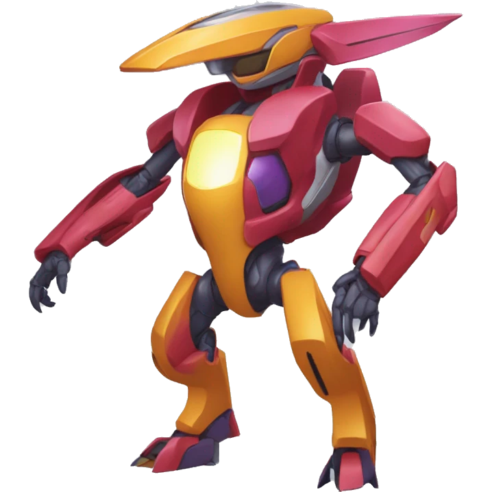 a Genesect-Raptor-Fakémon-Medabot-—hybrid with a futuristic visor-helmet full body emoji