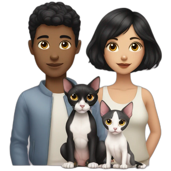 short black hair girl and white boy with their two sphynx cats emoji