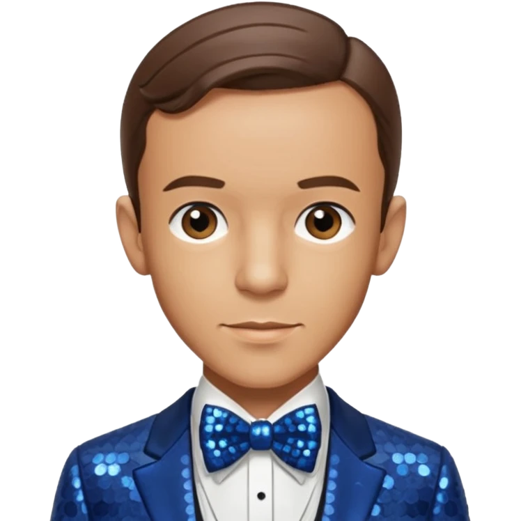 Fred Astaire with brown hair, dark blue sequin suit with bow tie emoji