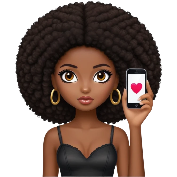 pretty bratz girl, dark skin, dark brown afro, dark brown eyes, black eyeliner, deep black skin emoji