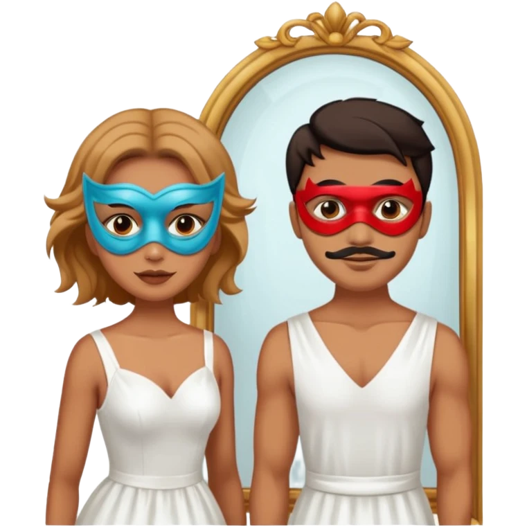 Man on mask in mirror behind woman emoji