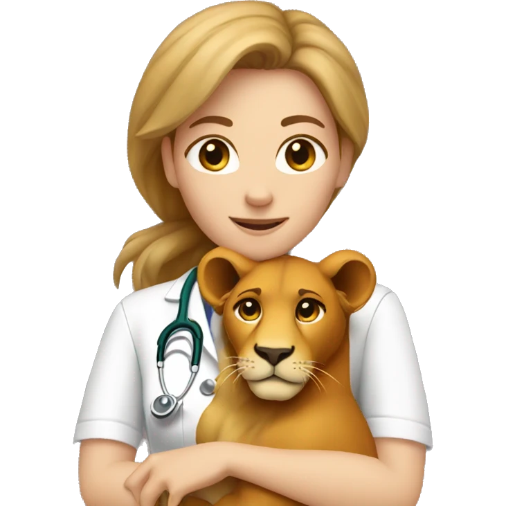 Female light brown hair veterinarian cuddling a lion emoji