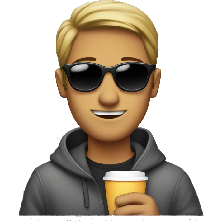 A man with sunglases and a hodie holding coffe emoji