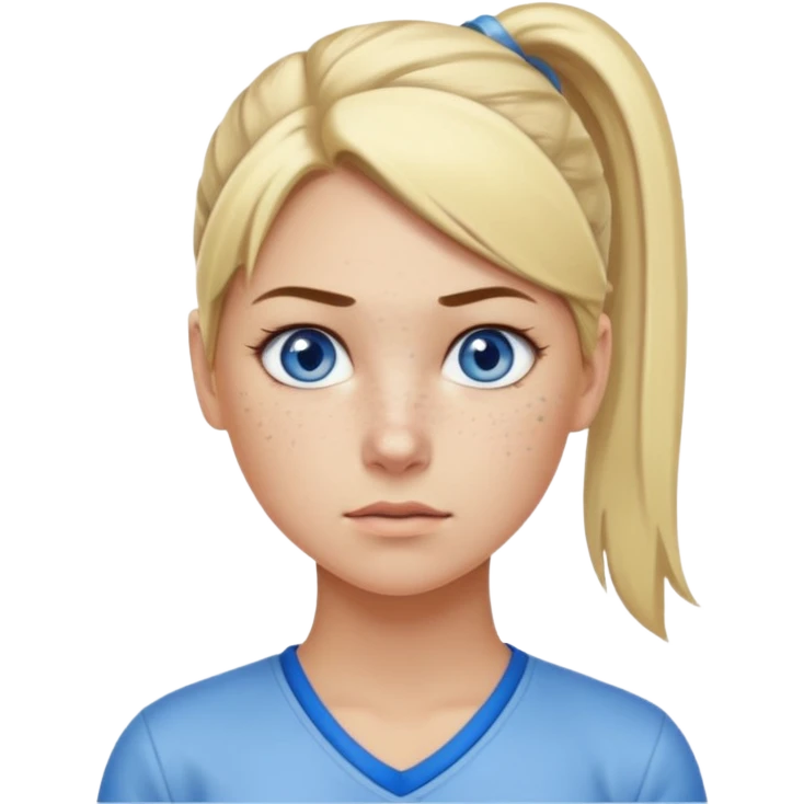 Just a head, blonde hair with lowlights in a ponytail, blue eyes, some freckles, a little older female ready to get some tasks done at work, no bod emoji