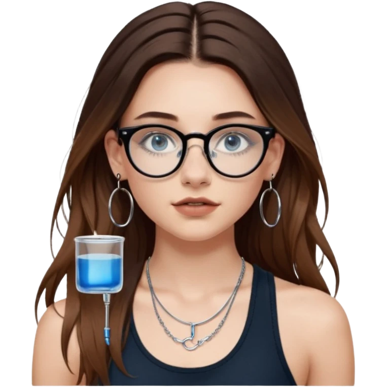 White girl with long brown hair, part going more to the RIGHT side, BLUE eyes, wearing BLACK plastic frame glasses that go from black to CLEAR ombré from top to bottom. SEPTUM nose piercing hoop, AND stud nose piercing on right side of nose. Wearing BLACK tank top. Wearing big hoop earrings  emoji