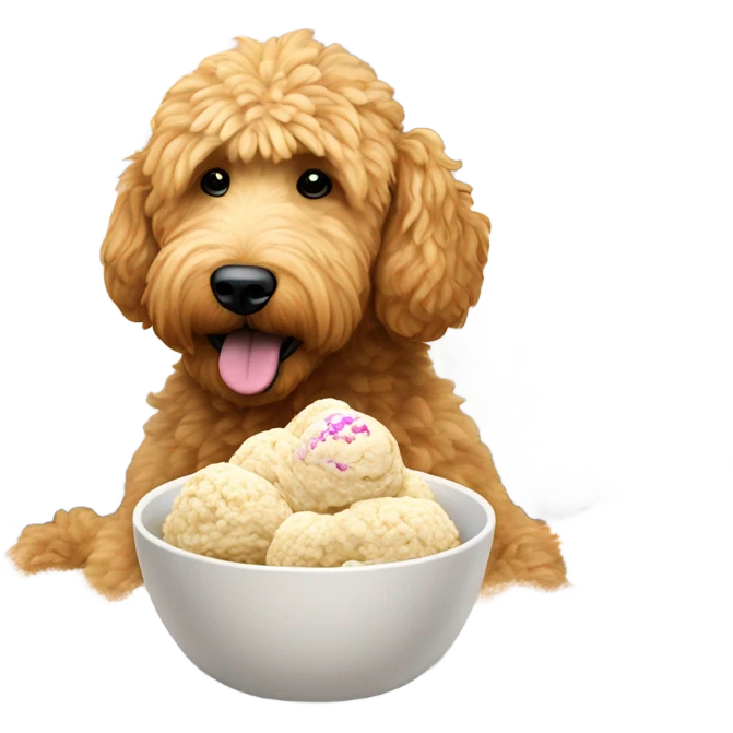 Golden doodle eating ice cream on the couch outside in the snow emoji