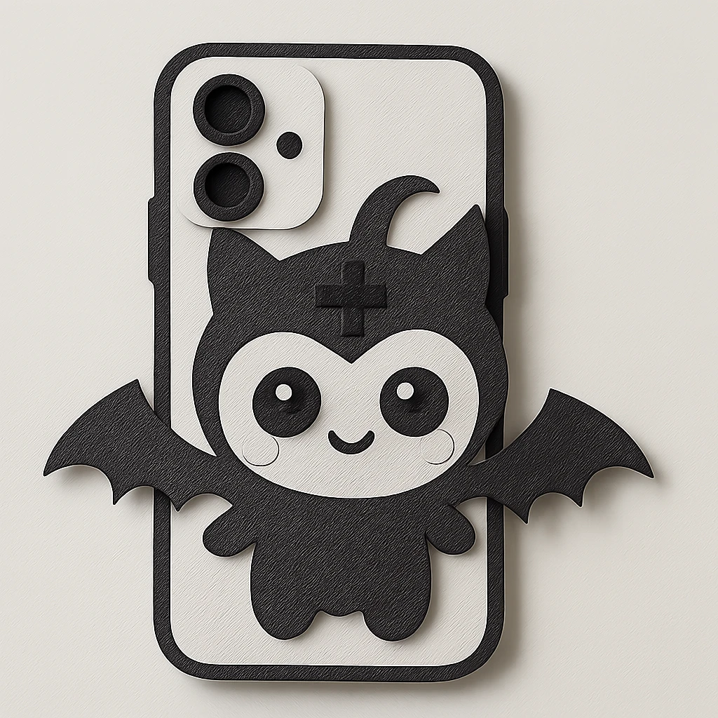Change the color scheme to white and black, gothic kawaii phone case, big eyes, smiling, playful, cartoonish, gothic symbols, paper craft style, no background. emoji