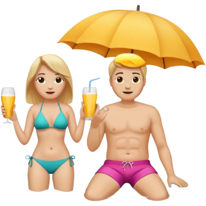 Ein Emoji, 2 personen am Strand: die Frau sehr schlank mit mittellangem, blondem Haar im Bikini, der Mann mit dickem Bauchz in Badeshorts. Beide sind im Ruhestand und liegen entspannt in Liegestühlen, um sich vom Stress des Rentnerlebens zu erholen mit sonnenschirm emoji