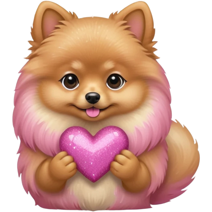 A Tan Pomeranian holding a pink glitter heart  emoji