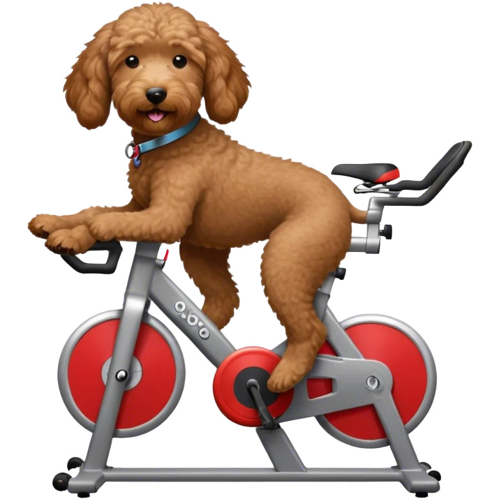 brown goldendoodle riding a spin bike emoji