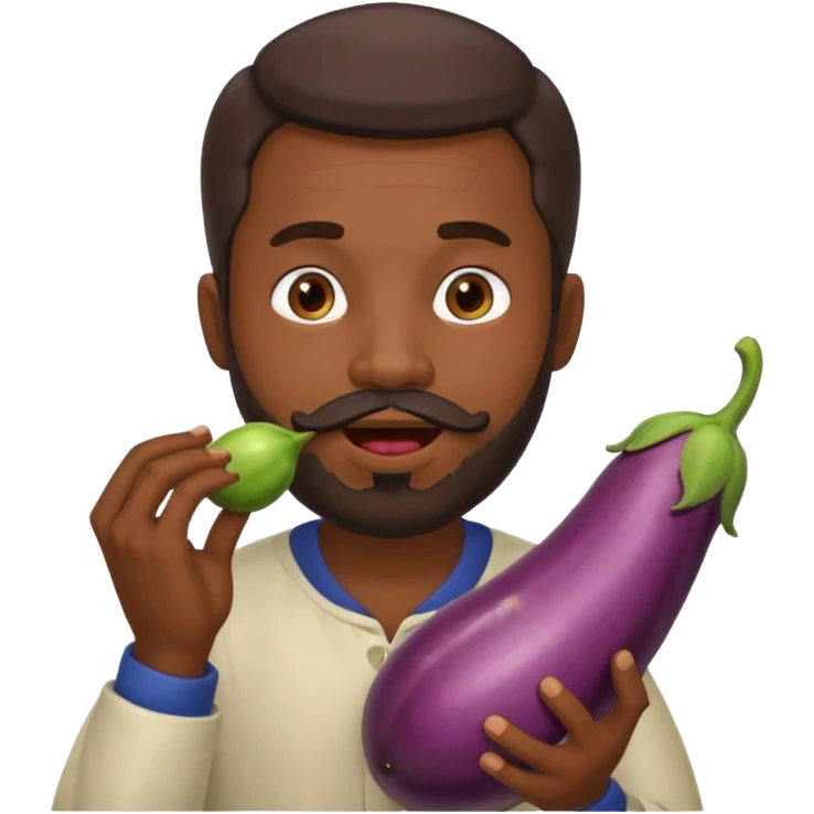 Dominican man with a beard has eggplant in his mouth emoji