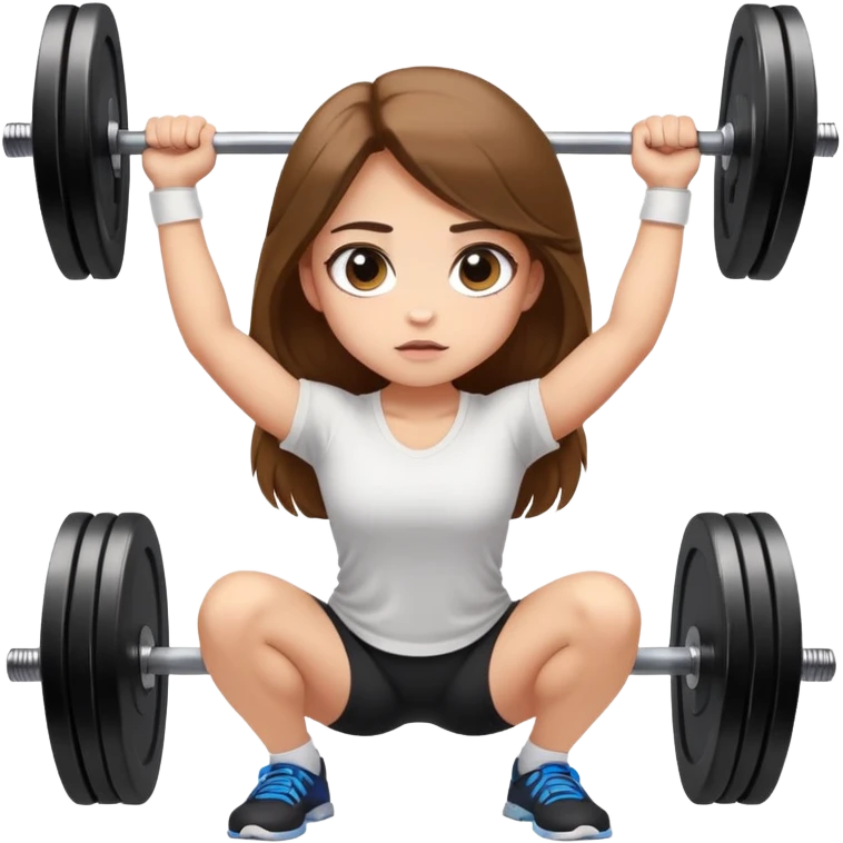 A girl with light skin, big eyes, long brown hair and wearing a white shirt is doing an overhead squat with a lot of weight on the barbell emoji