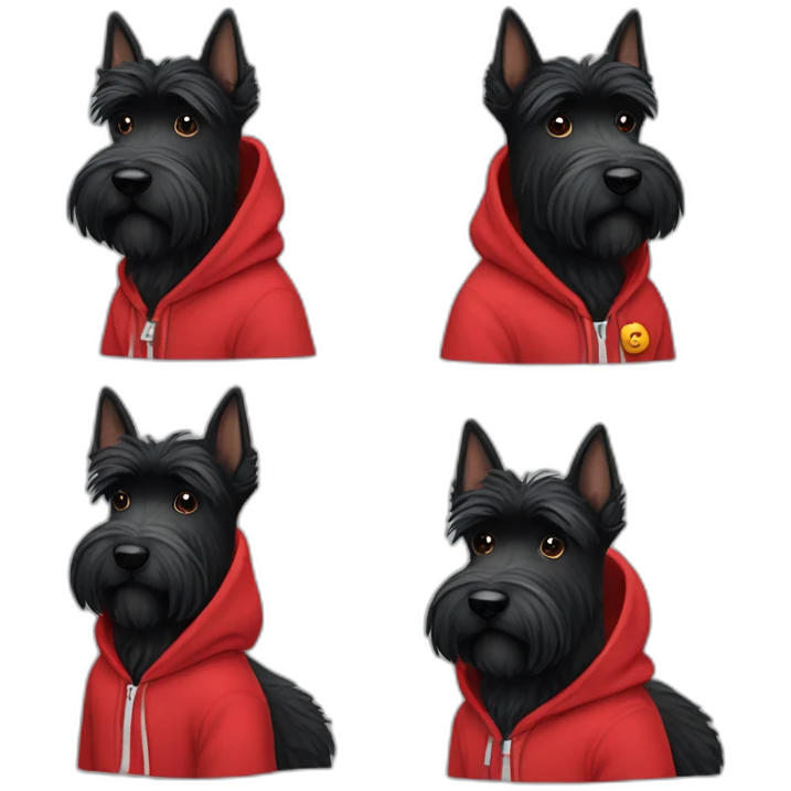 A fluffy black Scottish terrier dog wearing a red hoodie emoji