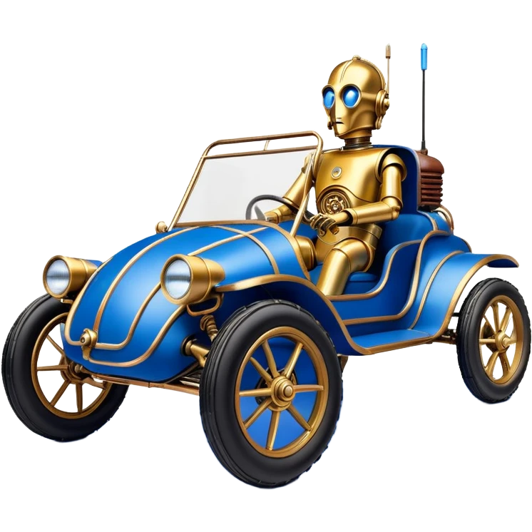  tarnished blue neon underglow C-3PO ghost buster 1964 delicately ornate rosegold wood accents painted Model-T dune buggy buckboard powered by electric motors and batteries with racing safety belts while flying rapidly roughening terrain stable on strong agile advanced suspension and steering emoji