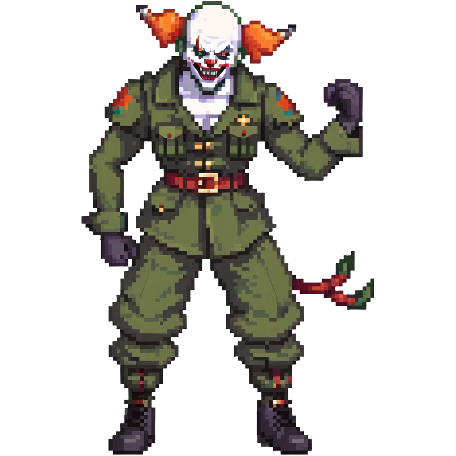 evil clown soldier, bald, short black devil horns on forehead, fangs, pointed ears, black and military green clothes with bellbottom pants, realistically proportioned, less bulky, full body, fighting stance emoji