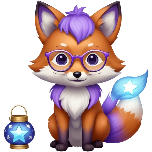 a small magical fox with shimmering purple and blue fur, a glowing fluffy tail, a silver star on its forehead, round glasses, and a tiny lantern. 😂 emoji