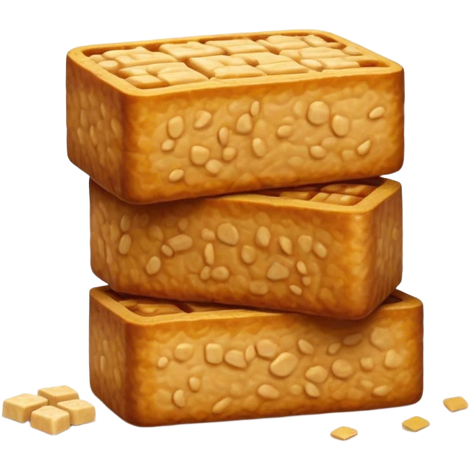 Tempeh Cinematic Realistic Tempeh Dish Emoji, depicted as crispy, sliced portions of fermented soy cake with a golden-brown finish, rendered with detailed textures and warm, inviting lighting. emoji