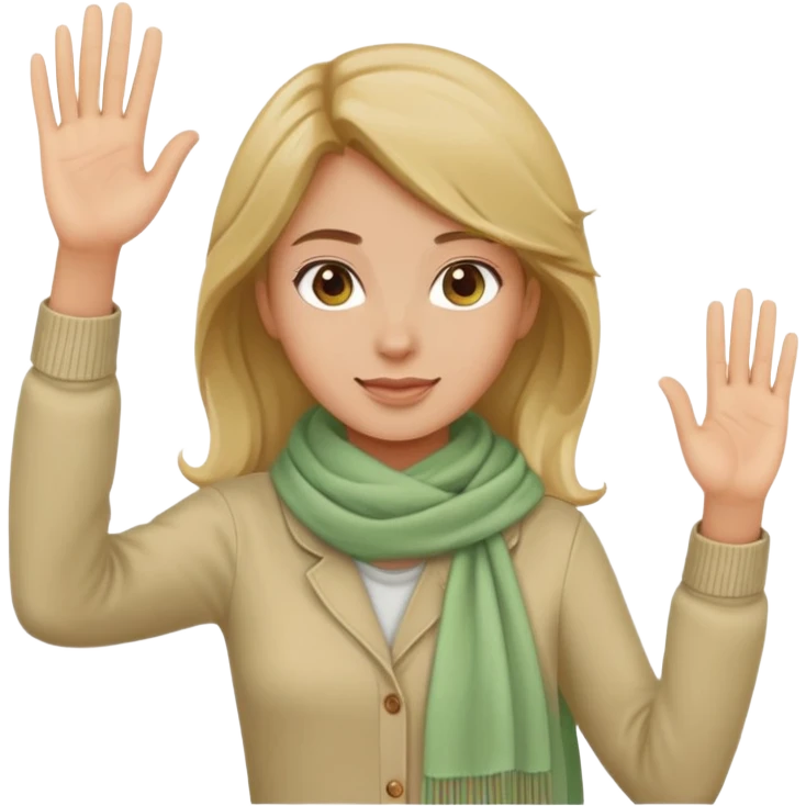 waving girl with wheatish complexion, beige scarf, light green shirt, jeans emoji