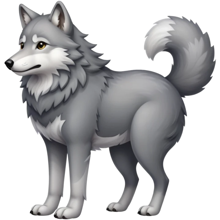 Gray wolf with a very large pregnant belly, standing on all fours, fluffy tail emoji
