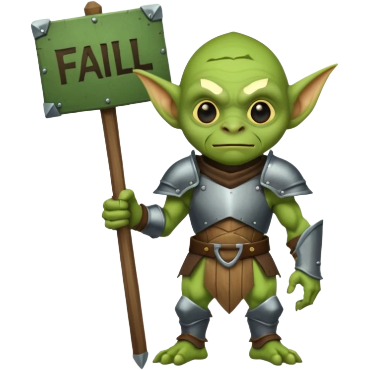 A glgreen colored goblin clad in armor holding a wooden sign that reads "Fail". emoji