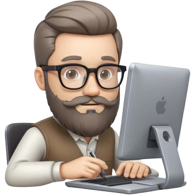 3d artist with beard sit on the PC with graphic tablet slight grey in beard. glasses are  emoji