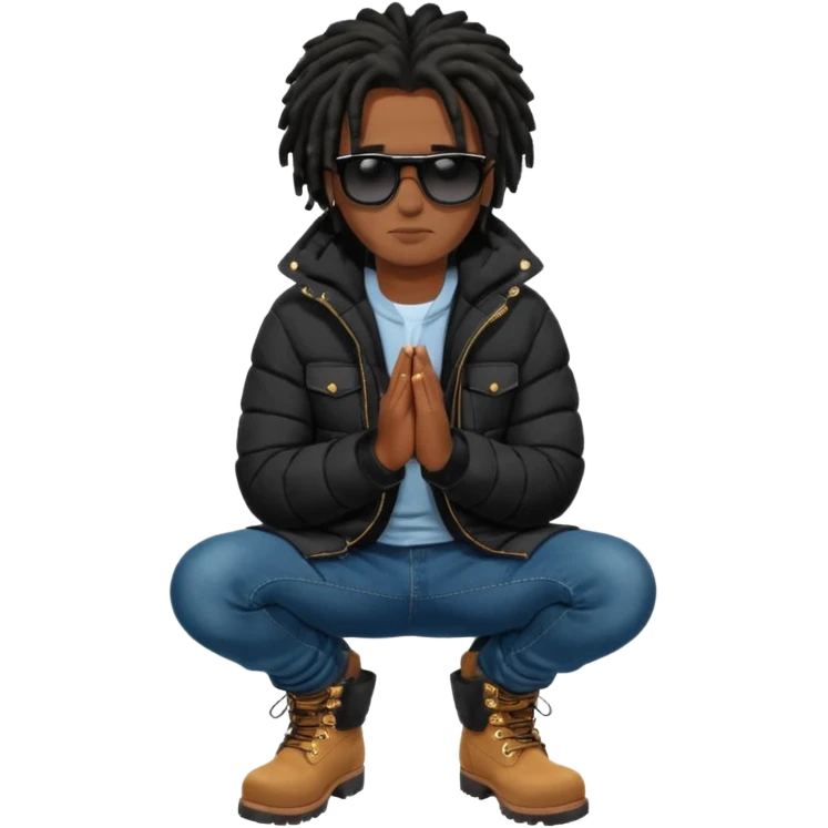 African American man brown skin complexion with black dreadlocks shoulder length wearing black bubble winter coat wearing black sunglasses with denim skinny jeans and timberland boots kneeling on one knee in prayer emoji
