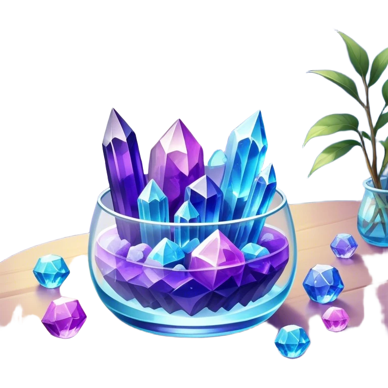 Close-up of vibrant crystals growing in a glass container on a table, with various colors like purple, blue, and clear. Some crystals are larger, while others are still forming. Soft light highlights their natural beauty. Background with a cozy indoor setting. emoji