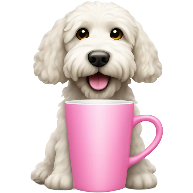 White labradoodle dog with pink handle cup emoji