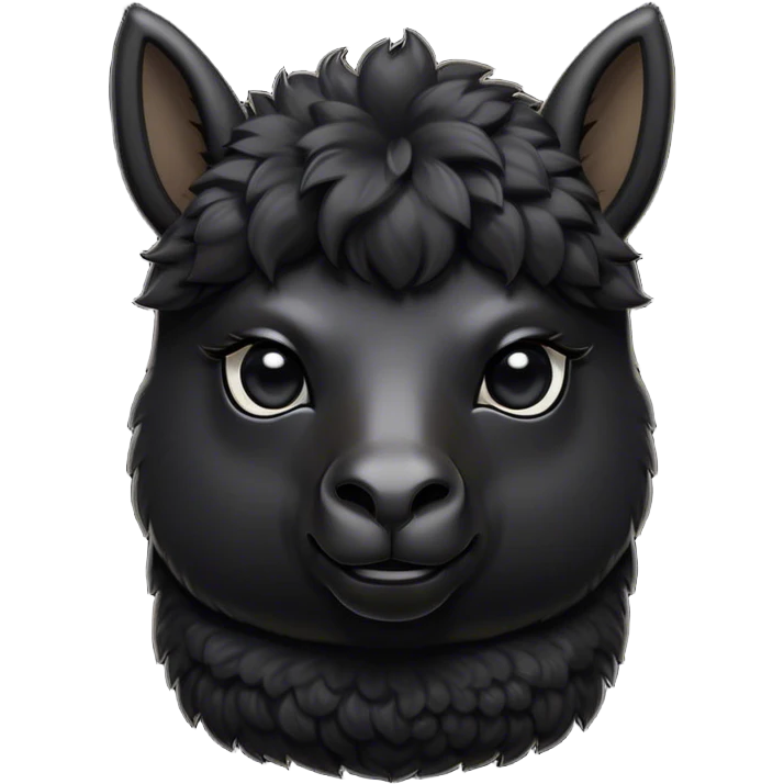 Cinematic Noble Black Alpaca Portrait Emoji, Poised and regal, with a striking, sturdy build and a sleek, well-groomed jet-black fleece, deep-set soulful dark eyes, Simplified yet sharp and sophisticated features, highly detailed, glowing with a soft, dignified glow, high shine, intelligent and mysterious, stylized with an air of elegant austerity, focused and attentive, soft glowing outline, capturing the essence of a watchful and confident companion, so majestic it feels as though it could stride out of the screen with effortless authority! emoji