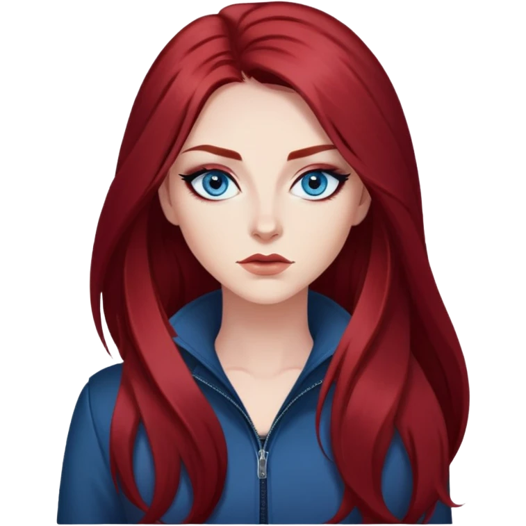Long dark res hair, blue eyes, sharp black eyeliner Baddie emoji