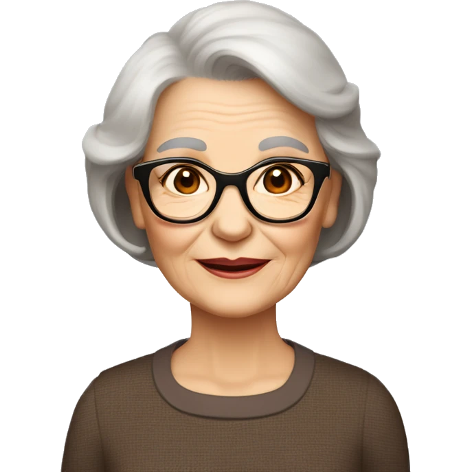 80 years old girl
Short straight brown hair with bob styling
light skin small square 
glasses with refined frame
Brown eyes with cat eye liner emoji