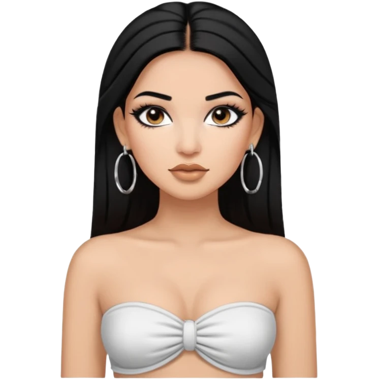 latina makeup olsun, saçları düz, halka küpeler taksın. takıların hepsi gümüş rengi olsun halka küpeler ve kolye dahil. makyajı ağır olsun ve beyaz bir Bandeau top kıyafet giyisin emoji